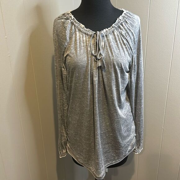 JAG greystone burnout tassel drawstring raw edge neckline/cuffs long sleeve top - Picture 1 of 6